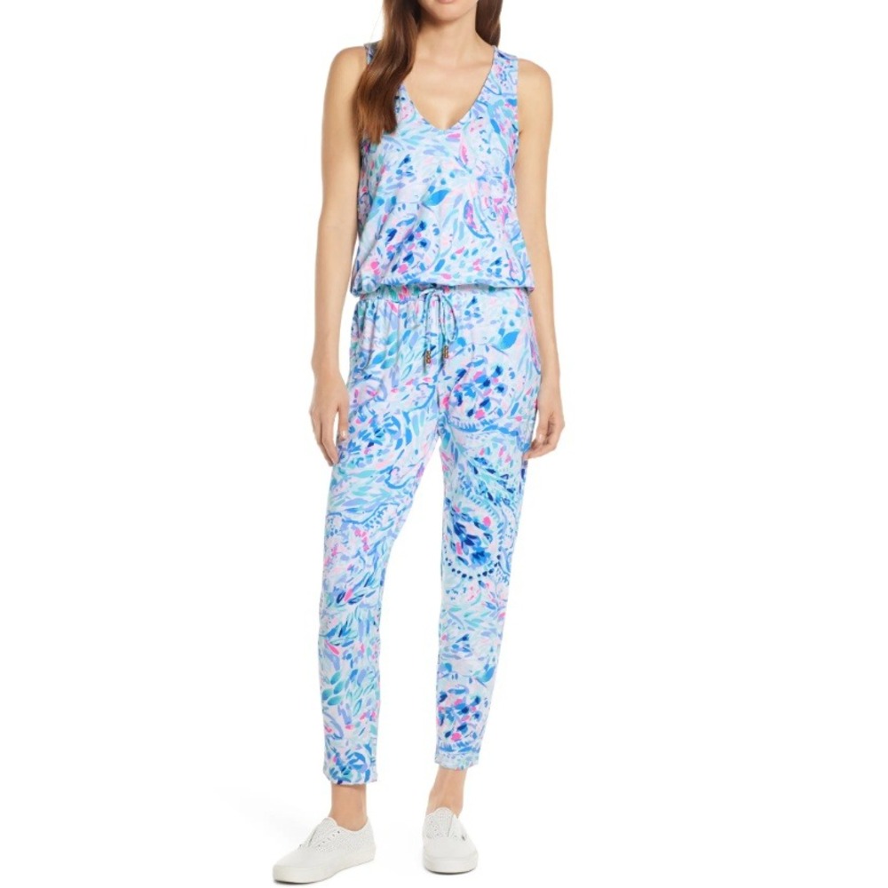 Lilly Pulitzer Paulina Breakwater Wave Floral Jumpsuit Blue Sleeveless NWT Sz M